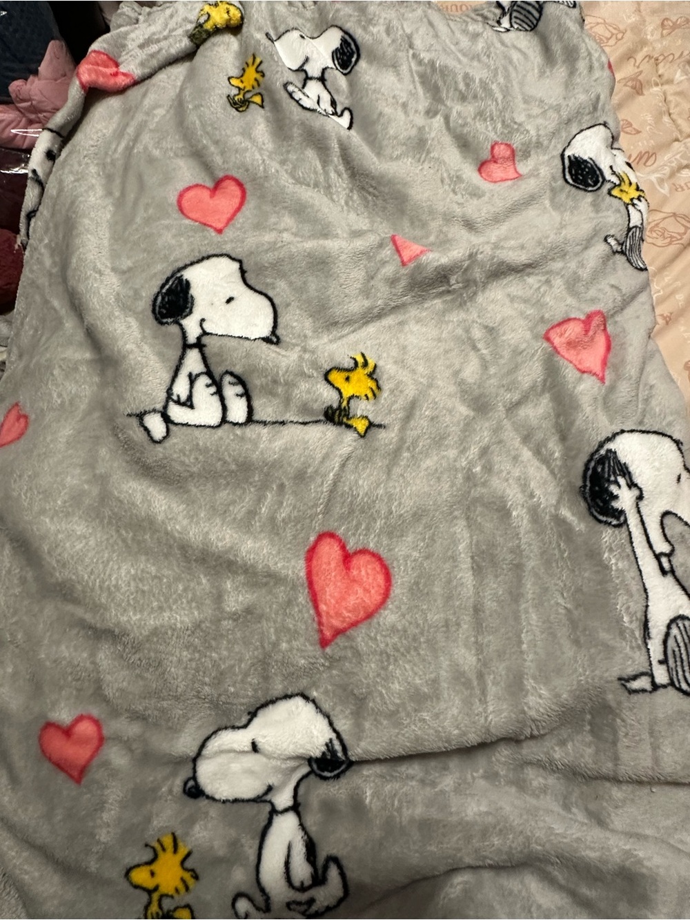 Peanuts Gray Snoopy & Woodstock Plush Throw Blanket with Pink Hearts